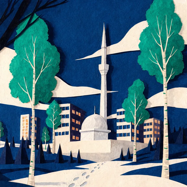 Illustrasjon: moské med minaret i en snødekt norsk drabantby