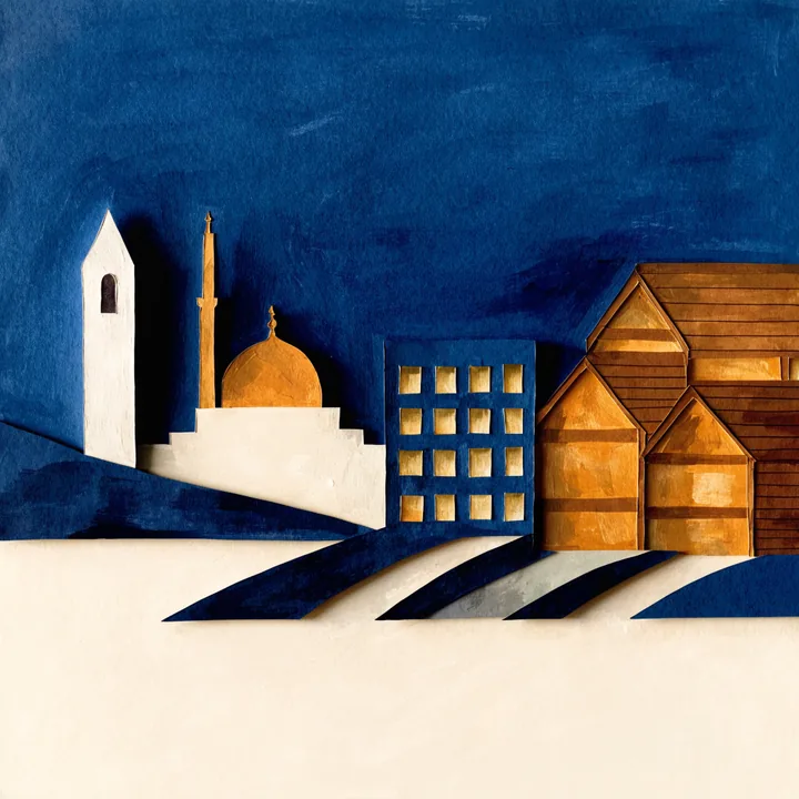 Illustrasjon: norsk bybilde med kirke, moské og bibliotek